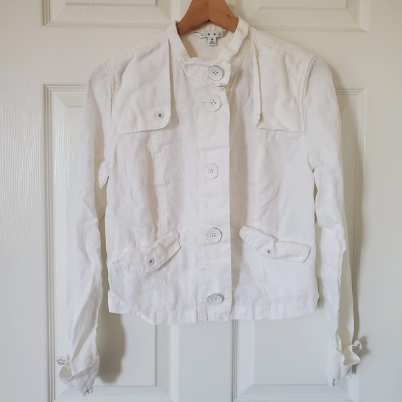 Cabi Jacket Womens Small White Linen Button Up Long Sleeve Mock Collar Coat - Picture 2 of 12